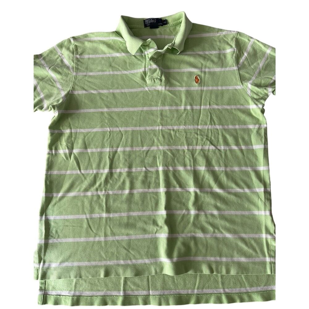 Ralph Lauren Polo Golf Shirt Mens XL Green/White Stripe Orange Pony Short Sleeve